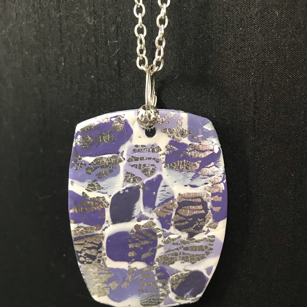 Handmade Pendant 3” tall. Purples Silver